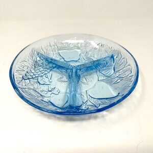 Vintage KIG pressed blue glass tri divided candy dish Della Robbia Fruit Pattern